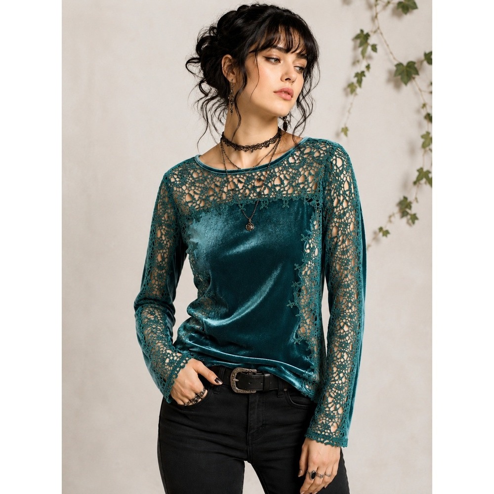 Fairycore Velvet Lace Cutout Top Teal Whimsigoth Enchanted Forest XS